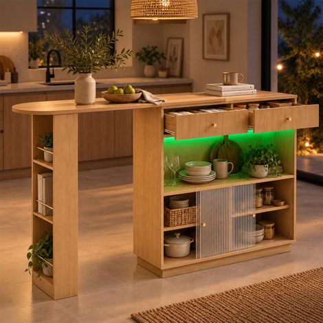 Table de bar extensible 120x30x100cm, comptoir mobile pivotant à 360°, grand rangement et ruban LED multicolore, style bistrot, coloris chêne (1/5)
