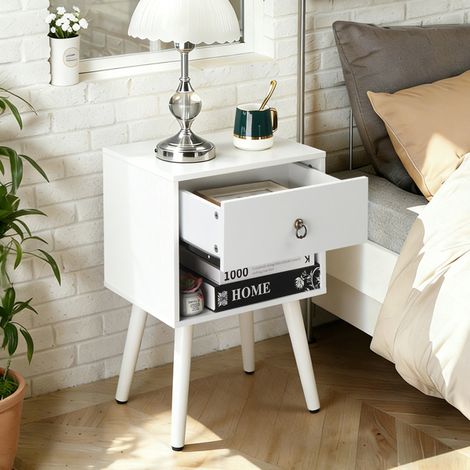 Charming Space-Saving Bedside Table with Storage Drawer and Open Shelf - Durable White P2 Particleboard and Solid Wood Legs