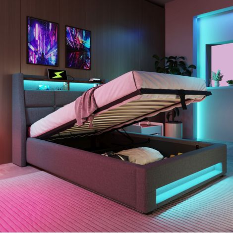 Letto imbottito 90x200 cm in lino grigio con LED e USB, salvaspazio, senza materasso - MEUBLIV (1/5)
