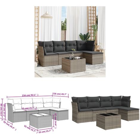 6-tlg. Garten-Sofagarnitur mit Kissen Grau Poly Rattan - Gartenmöbel Set - PE-Rattan Möbel - Outdoor Sofa - Esstisch Garnitur - Lounge Set - Home & Living (1/3)