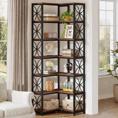 Tribesigns 79-Inch Tall Bookshelf, 7-Tier L-Shaped Wood Corner Bookcase with Metal Frame, Freestanding Corner Shelf for Living Room, Kitchen, Office, Rustic Brown & Black