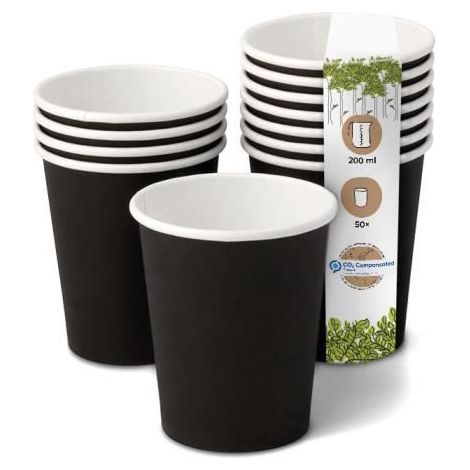 50 gobelets jetables en papier, noir, 200 ml, biodégradables et compostables, idéaux pour cafés et événements