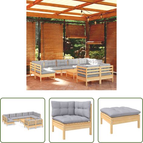 Terrassensofa - 10-tlg. Garten-Lounge-Set mit Grauen Kissen Kiefer Massivholz (1/5)