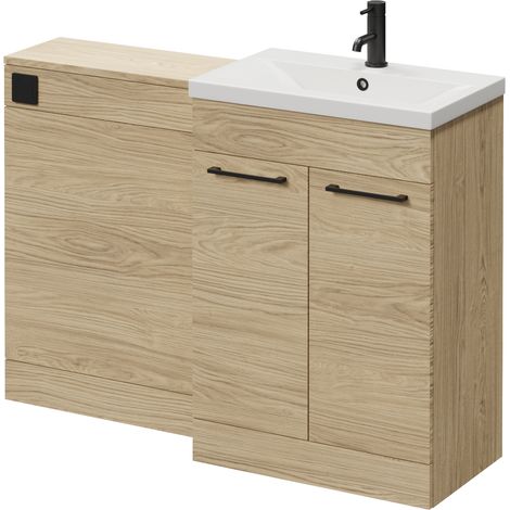 Napoli 390 Cento Light Oak 1200mm 2 Door Vanity Unit Toilet Suite with Glide Basin - 1200mm - Matt Black 160mm HandleWithout Kingston Toilet Pan
