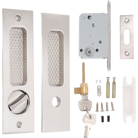 Mortise lock for sliding doors with 2 keys, zinc alloy, concealed recessed handle, latch pocket for wooden furniture hardware, brushed nickel (1/5)