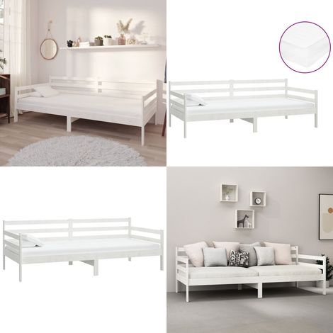 Lit de repos avec matelas 90x200 cm Blanc Bois de pin massif - Lit De Jour - Canapé Lit - Lit Convertible - Meuble Chambre - Literie - Home & Living