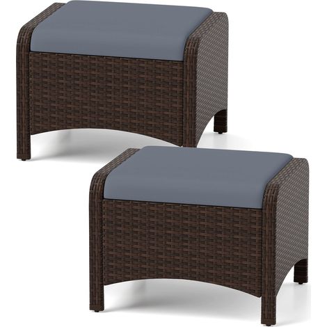 Set of 2 Grey Rattan Garden Pouf Stools with Cushions