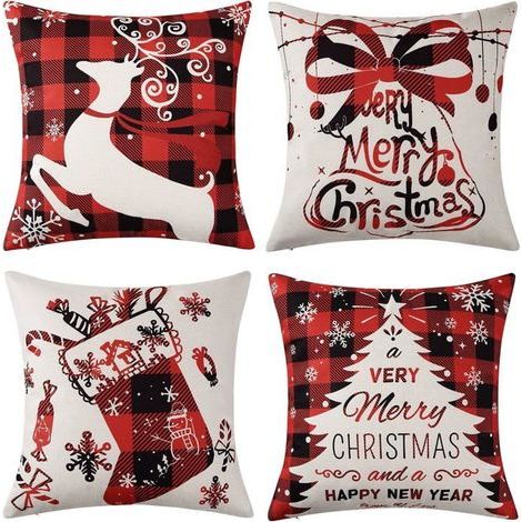 Set of 4 Christmas-pattern cushion covers for sofa or bedroom, 45x45cm, red cotton-linen. (1/5)