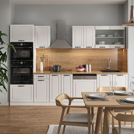Cucina componibile R-Line, Casa di campagna bianca/bianco, 300 cm con armadio alto, senza piano di lavoro, Vicco