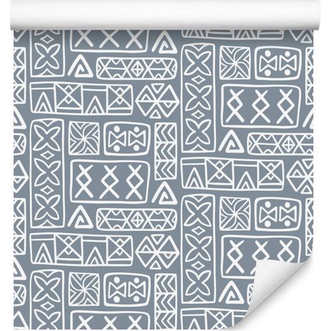 Carta da parati con motivo geometrico polinesiano, grigio chiaro e blu, 50x1000 cm (1/5)