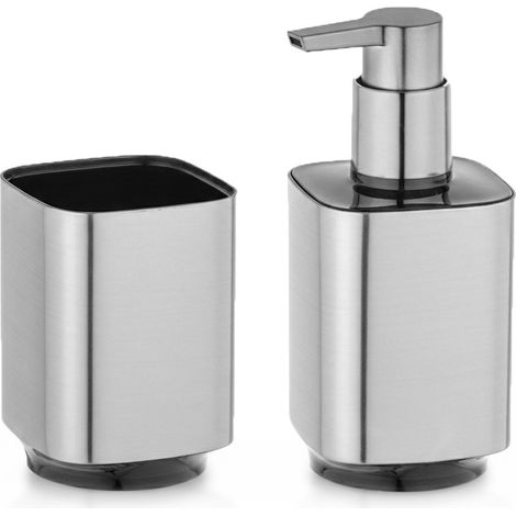Set accessori bagno con dispenser e porta spazzolino color argento satinato e nero Lumina (1/5)