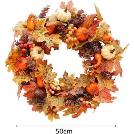 SABIR Couronne de porte d'entrée, couronne de feuilles d'érable artificielles de 50 cm, , couronne de décoration d'automne, décoration à suspendre pour Thanksgiving, Halloween, (1/3)