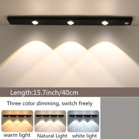 Barre lumineuse LED à détecteur de mouvement de 40 cm, rechargeable et magnétique, pour armoire de camping-car, 3 couleurs à intensité variable (1/4)