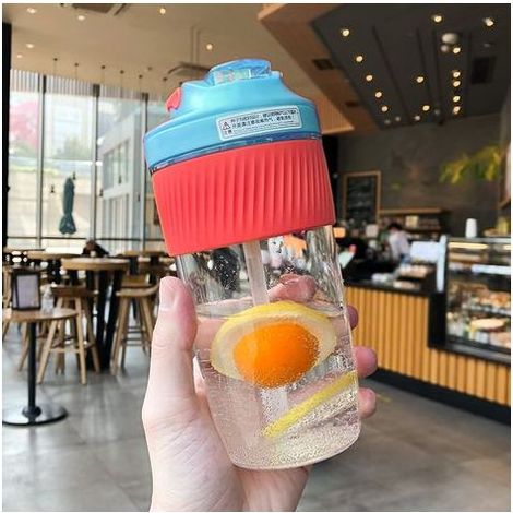 Tasse à eau avec paille, tasse en plastique, étanche, résistante à la chaleur, anti-brûlure, tasse à café(bleu clair + rouge vif grand) (1/5)