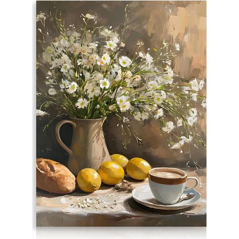 Affiche d'art mural vintage floral, Images de cuisine citron Décor mural de nature morte de marguerite pour chambre à coucher salon 12x16 pouces sans cadre (1/5)