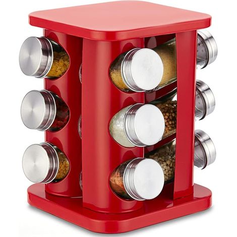 Especiero giratorio para 12 frascos, torre para encimera con 12 frascos para armario de cocina (juego de 12 frascos rojos (tapa mate))