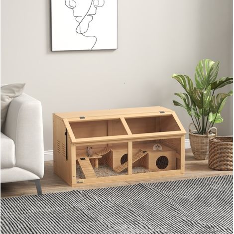 Gabbia per criceti in legno con piattaforma 85x45x44 cm OKMYHOME (1/4)
