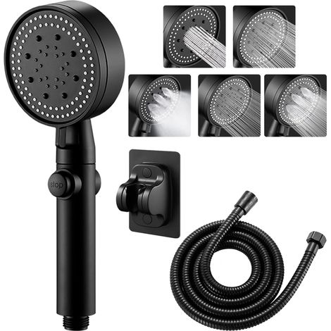 5-in-1 Hochdruck-Wasserspar-Handbrausekopf mit Absperrventil und 1,5 m Schlauch (Schwarz) (1/5)