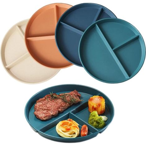 22CM Lot de 4 Assiette Plate Incassable avec 3 Compartiments Assiette à Dîner Divisée Allant au Micro-ondes et au Lave-vaisselle Assiette pour Enfants Familiale Séparée (Couleur Foncée) (1/4)