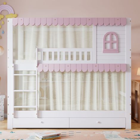 Lit superposé enfant avec fenêtres rideaux, barrière sécurité, étagère ouverte, garde-corps robuste, 2 tiroirs roulants, grand espace rangement, pin MDF, blanc rose, 90x200 cm
