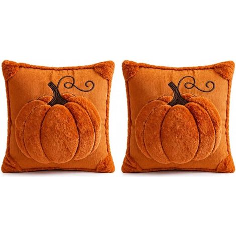 Lot de 2 housses de coussin – 45 x 45 cm – Motif citrouille d’automne – Velours orange – Douces et confortables – Lavables – Salon et canapé (1/5)