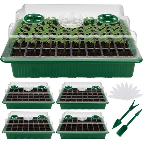 Mini Serre Intérieure XL avec Couvercles Rehaussés Plateau Semis 160 Cellules 4 Pièces Vert 38x24x12cm (1/4)
