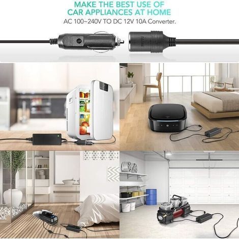 Adattatore di alimentazione CA/CC da 10 A 120 W, convertitore elettronico da 220 V a 12 V, spina accendisigari per auto 100-240 V, trasformatore adattatore CA per gonfiatore pneumatici/aspirapolvere (1/3)