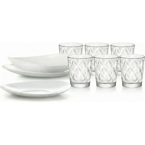 Servizio completo di Piatti e bicchieri da tavola bianco per 6 persone antiurto in vetro opale forma ovale elegante raffinato ideale in lavastogliglie e microonde in cucina di casa o uso professionale