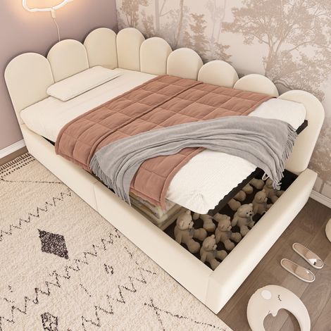Cama de día 90/200 cm beige de terciopelo con arcón hidráulico (1/5)