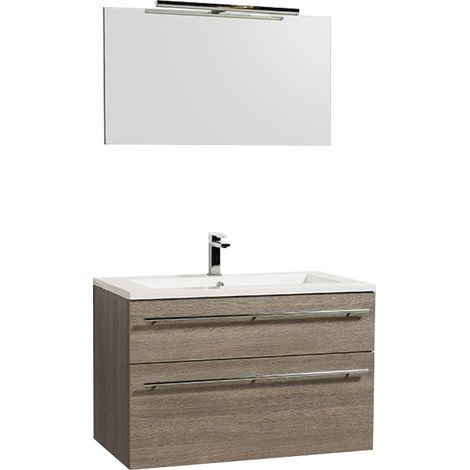 Le Quai Des Affaires – Meuble sous-vasque 90 cm avec vasque et miroir – Décor chêne clair grisé – 2 tiroirs métal avec fermeture silencieuse – Éclairage LED inclus