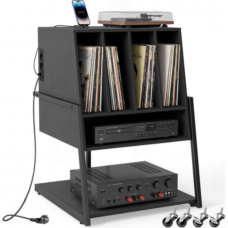 COSTWAY Record Player Stand Turntable Stand with Vinyl Storage Holder & Open Shelves Black