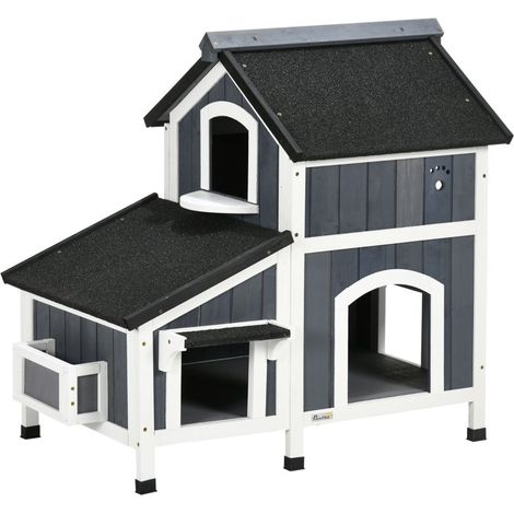 Casa para gatos de madera con macetero, ventanas y varias entradas. Techo impermeable para exterior, color gris (1/5)