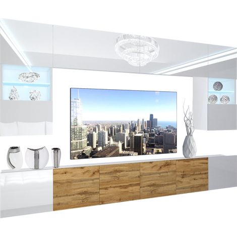 BELINI - Unité Murale TV NEX I Ensemble Muebles de Salon Complet I Ensemble Meuble TV avec Illumination LED I Dimensions: 300 x 180 x 36 cm I Coleur: Blanc très Brillant/chêne wotan 3