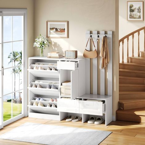 MODFU – Meuble entrée 7-en-1 160x35x160 cm MDF – Banc, range-chaussures et patères – 3 tiroirs et charge 30 kg – Entrée – Blanc (1/5)