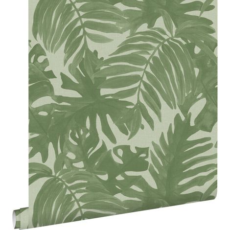papier peint feuilles tropicales vert olive grisé - ESTAhome (1/5)