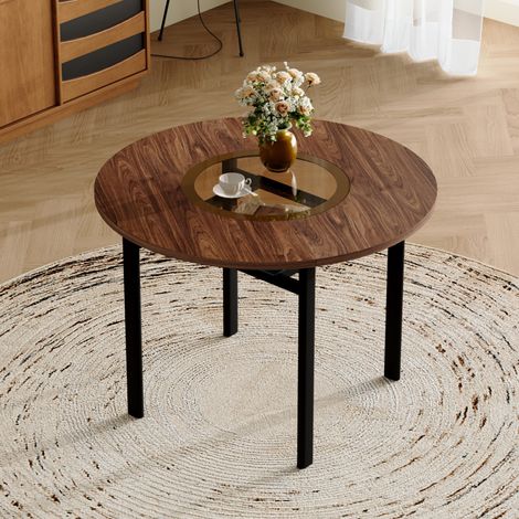 MEUBLIV Table à manger ronde 100 cm marron – plateau en verre intégré, pour 2-4 personnes (1/5)