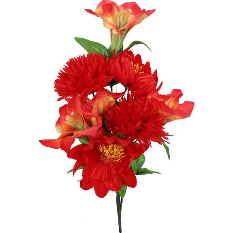 Bouquet di 9 fiori misti: 3 gigli, 4 amarilli, 2 crisantemi, colore rosso, altezza 58 cm, aspetto naturale. (1/4)