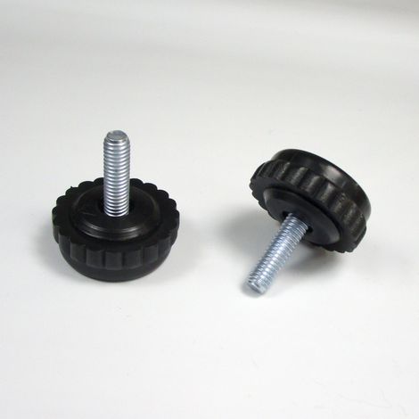 Ajile – Pied Réglable Fileté– Embase CRANTÉE Plastique NOIR Diamètre 30 mm et Tige Filetée en Acier Zingué Diamètre 6 mm (M6) de Longueur 20 mm.