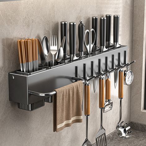 Épaississeur porte - couteaux porte - objets de cuisine sans perforation fournitures de cuisine multifonctions support mural baguettes casserole couteau rangement (1/5)