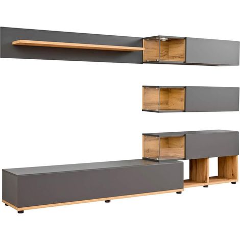 Parete Attrezzata Mobile Porta TV Vetrine LED Pensili Sospesi Mensola Soggiorno Living Moderno Contenitore Salvaspazio Design Contemporaneo Multimedia Libri Oggetti 240 x 40 x 150 Cm Rovere Antracite (1/5)