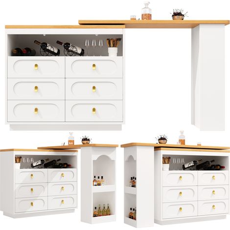 Table de bar extensible haut de gamme avec fonction pivotante à 360° et espace de rangement, réglable de 138 à 203 cm, table de bar moderne à roulettes avec tiroirs pour cuisine, salon, salle à manger (1/5)