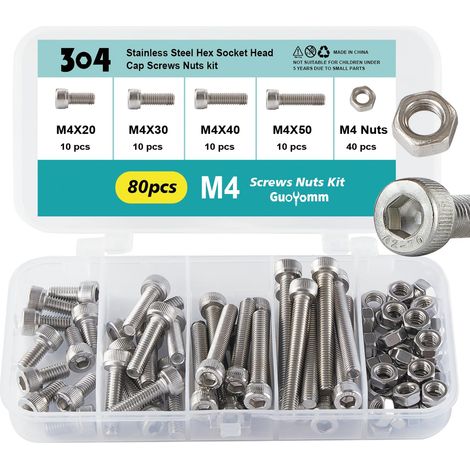Lot de 80 vis à six pans creux M4 avec écrous en acier inoxydable 304 Jeu de boulons mécaniques entièrement filetés dans une boîte combinée, longueurs : 20 mm, 30 mm, 40 mm, 50 mm (1/5)