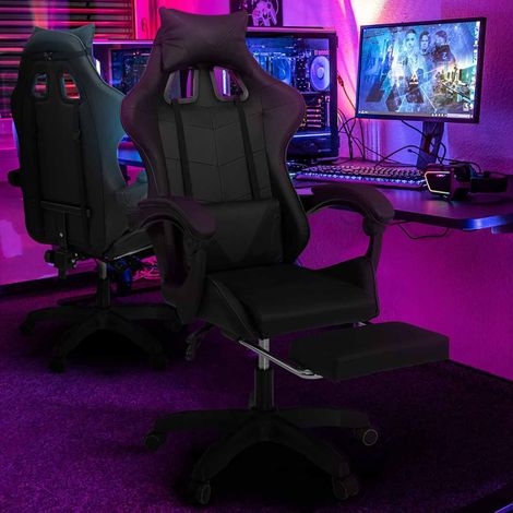 Silla de juego ALEX ajustable con reposapiés, reposacabezas y cojín lumbar negro