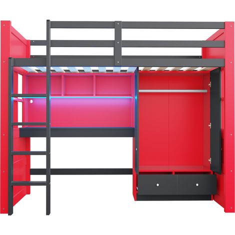 Hochbett 90 x 200 cm mit Schreibtisch, Kleiderschrank und Schubladen, Schwarz-Rot (1/5)