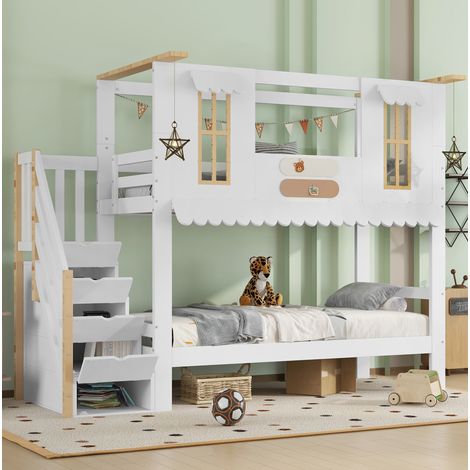 Kinder-Etagenbett mit Aufbewahrungstreppe 90x200 Holz OKMYHOME (1/5)