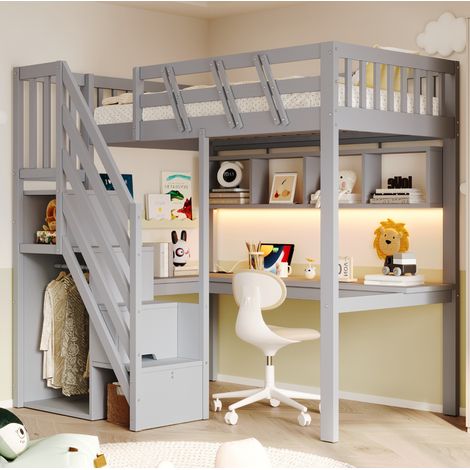 Hochbett 90x200 cm grau mit Schreibtisch, Stauraumtreppe, LED und USB-Anschluss (1/5)