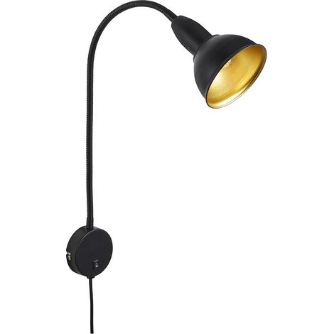 Lampe de lit, applique murale, lampe de lecture avec Bras flexible, avec interrupteur marche/arrêt, 1 ampoule E14, max. 25 W - Métal noir et doré - 2084-015 (1/3)