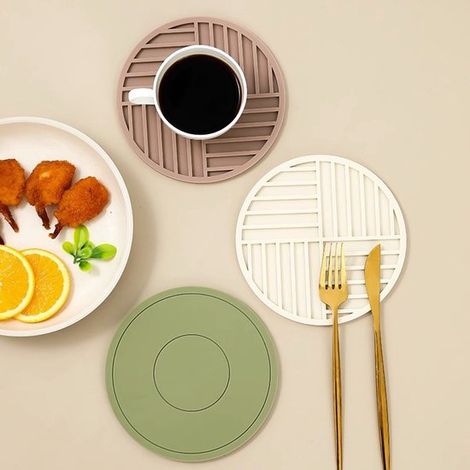 Set mit 3 runden Silikonuntersetzern (16 cm), beidseitig verwendbar, hitzebeständig und rutschfest, in modernen, gedeckten Farben (1/5)
