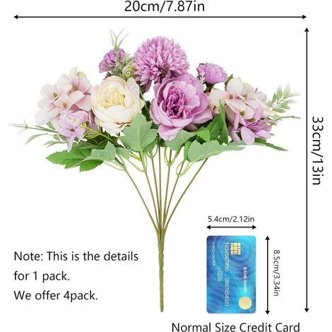Fleurs artificielles, 2 bouquets de pivoines artificielles en soie, hortensias, œillets et marguerites en plastique (violet) (1/5)