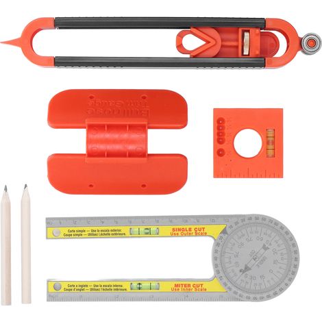 Ensemble d'outils de marquage en 6 pièces : rapporteur, équerre, règle de mesure, crayon avec niveau. (1/5)